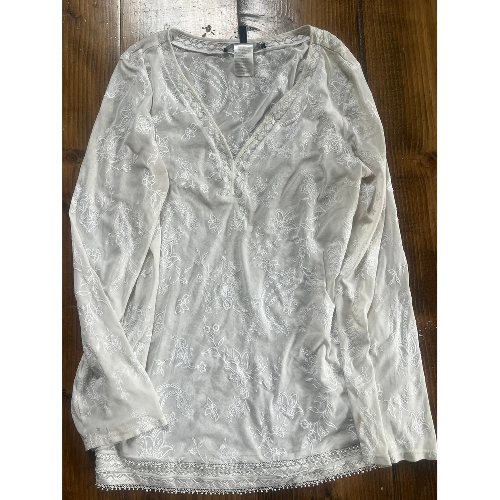 White House Black Market Embroidered Mesh V-Neck Tunic Top Off-White XL Boho